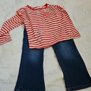 Red and White Striped Long Sleeve Top with Blue Jeans Size 4